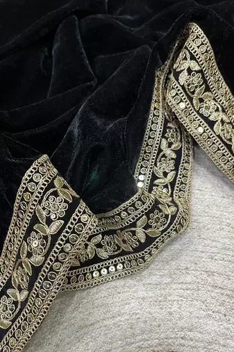 Black Color Plain With Embroidery And Sequins Work Viscose Velvet Saree