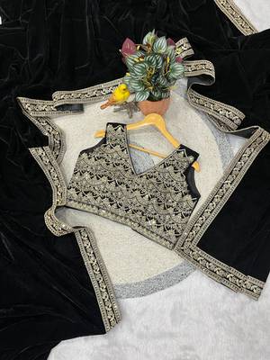 Black Color Plain With Embroidery And Sequins Work Viscose Velvet Saree 5