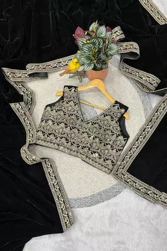 Black Color Plain With Embroidery And Sequins Work Viscose Velvet Saree