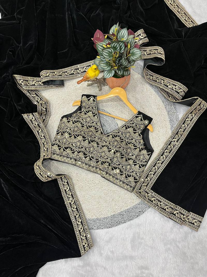 Black Color Plain With Embroidery And Sequins Work Viscose Velvet Saree