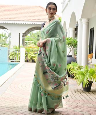 pista chanderi cotton weaving reshan flower ethnic saree 4