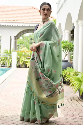 pista chanderi cotton weaving reshan flower ethnic saree