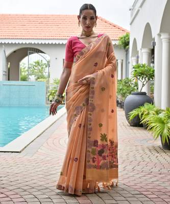 peach chanderi cotton weaving reshan flower ethnic saree 1