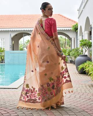 peach chanderi cotton weaving reshan flower ethnic saree 2