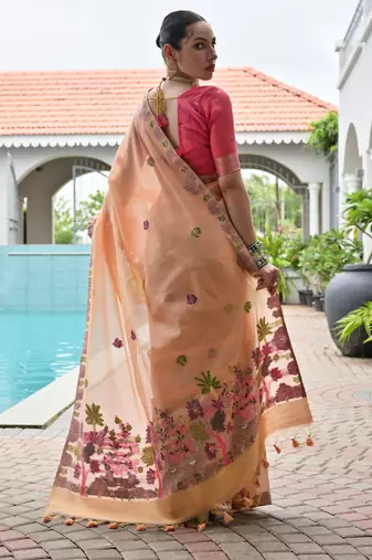 peach chanderi cotton weaving reshan flower ethnic saree