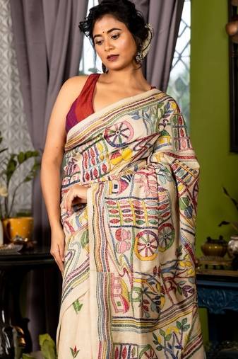 beige hand woven tussar kantha work all seasons sarees
