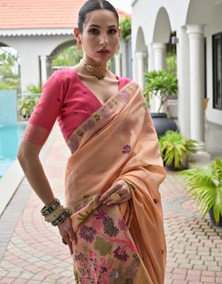 peach chanderi cotton weaving reshan flower ethnic saree 3