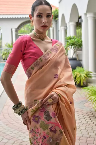 peach chanderi cotton weaving reshan flower ethnic saree