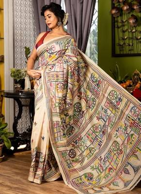 beige hand woven tussar kantha work all seasons sarees 2