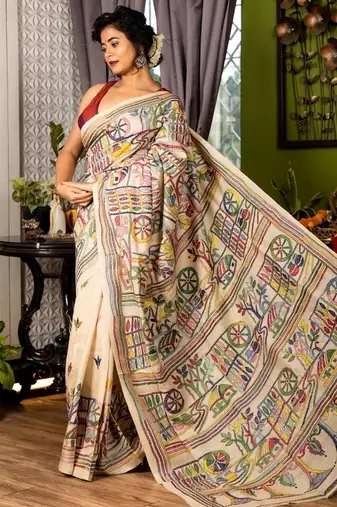 beige hand woven tussar kantha work all seasons sarees