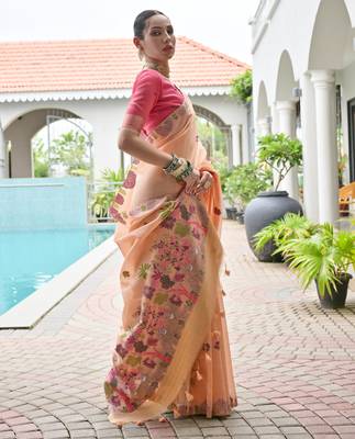 peach chanderi cotton weaving reshan flower ethnic saree 4
