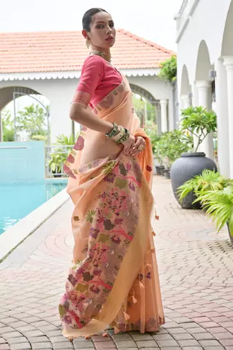 peach chanderi cotton weaving reshan flower ethnic saree