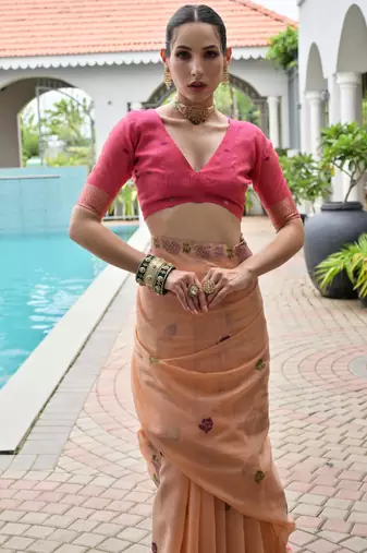 peach chanderi cotton weaving reshan flower ethnic saree