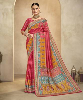 graceful ethnic pink style crepe silk blend digital foil printed saree 1