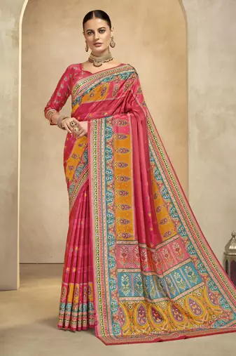 graceful ethnic pink color bollywood style crepe silk blend designer digital foil printed saree