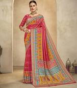 graceful ethnic pink color bollywood style crepe silk blend designer digital foil printed saree