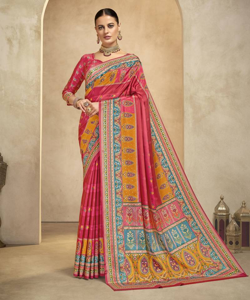 graceful ethnic pink color bollywood style crepe silk blend designer digital foil printed saree
