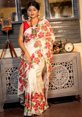 off white hand woven tussar kantha work all seasons sarees 1