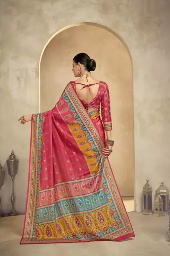 graceful ethnic pink color bollywood style crepe silk blend designer digital foil printed saree