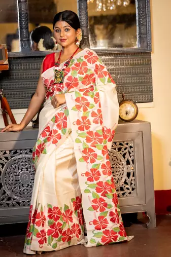 off white hand woven tussar kantha work all seasons sarees