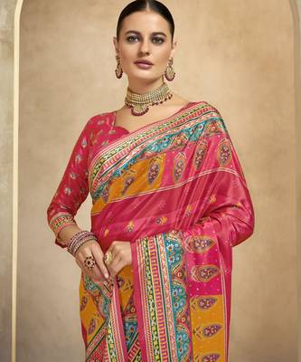 graceful ethnic pink style crepe silk blend digital foil printed saree 3