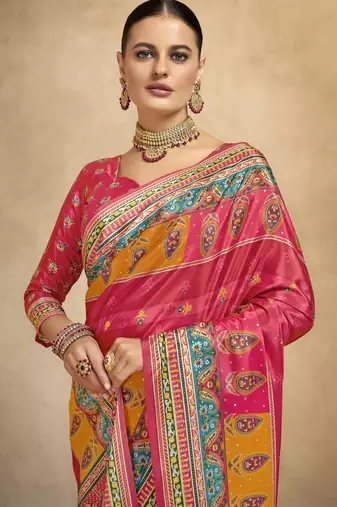 graceful ethnic pink color bollywood style crepe silk blend designer digital foil printed saree