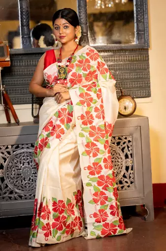 off white hand woven tussar kantha work all seasons sarees