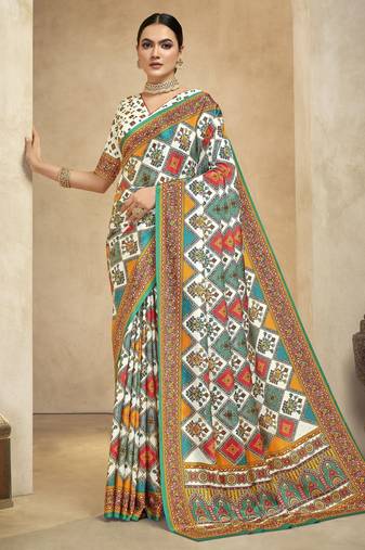 graceful ethnic off white color bollywood style crepe silk blend designer digital foil printed saree