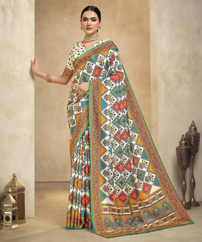 graceful ethnic off white color bollywood style crepe silk blend designer digital foil printed saree