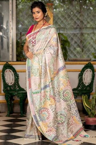 off white hand woven tussar kantha work all seasons sarees