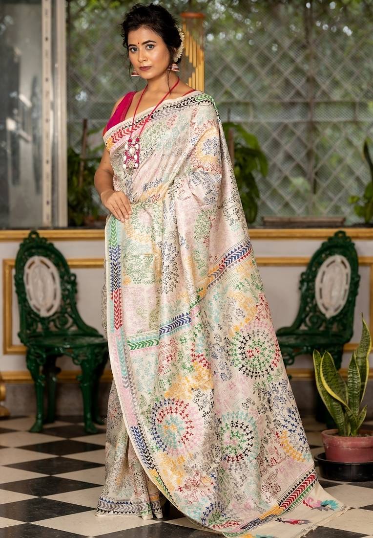off white hand woven tussar kantha work all seasons sarees
