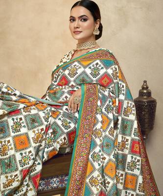 graceful ethnic off white style crepe silk blend digital foil printed saree 3