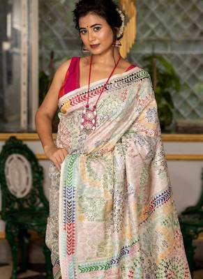 off white hand woven tussar kantha work all seasons sarees 2