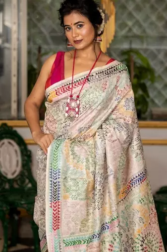 off white hand woven tussar kantha work all seasons sarees