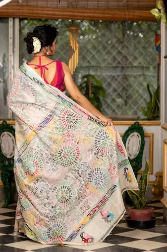 off white hand woven tussar kantha work all seasons sarees