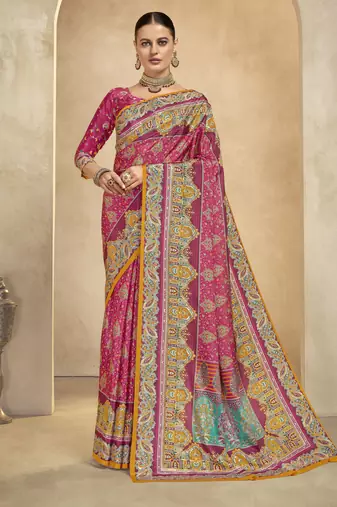 graceful ethnic maroon color bollywood style crepe silk blend designer digital foil printed saree
