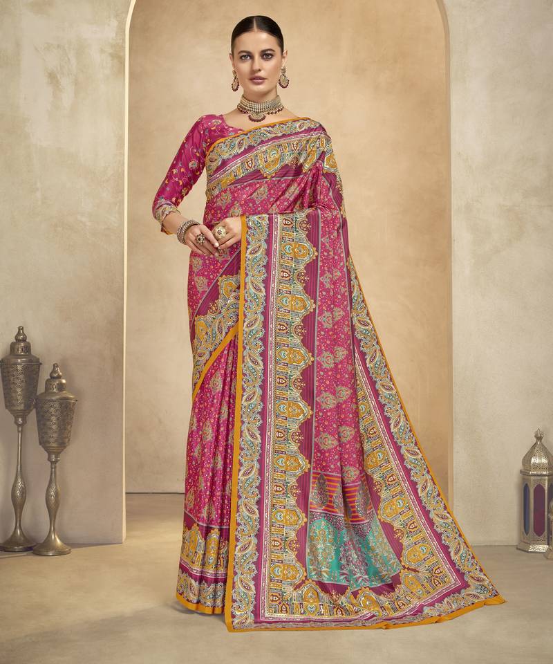 graceful ethnic maroon color bollywood style crepe silk blend designer digital foil printed saree