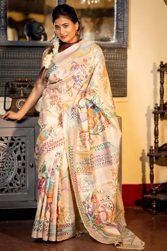 beige hand woven tussar kantha work all seasons sarees