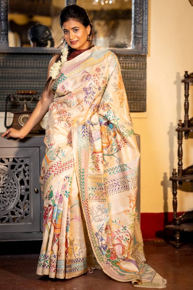 beige hand woven tussar kantha work all seasons sarees