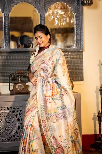 beige hand woven tussar kantha work all seasons sarees