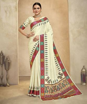 graceful ethnic off white style crepe silk blend digital foil printed saree 1