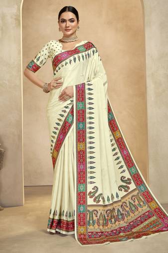 graceful ethnic off white color bollywood style crepe silk blend designer digital foil printed saree