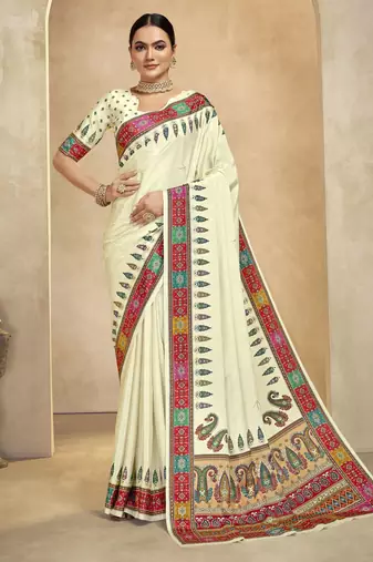 graceful ethnic off white color bollywood style crepe silk blend designer digital foil printed saree