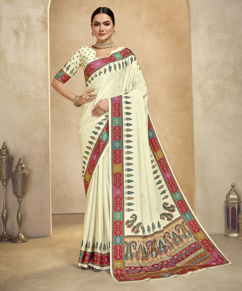 graceful ethnic off white color bollywood style crepe silk blend designer digital foil printed saree