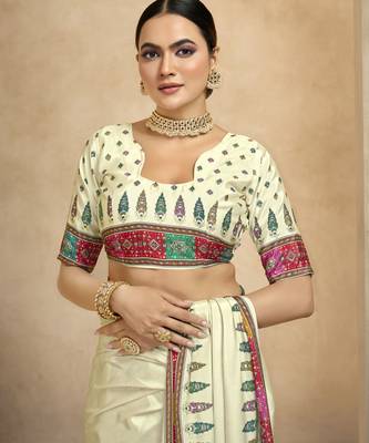 graceful ethnic off white style crepe silk blend digital foil printed saree 4