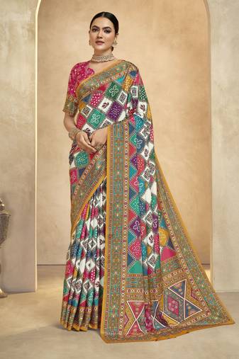 graceful ethnic multy color bollywood style crepe silk blend designer digital foil printed saree
