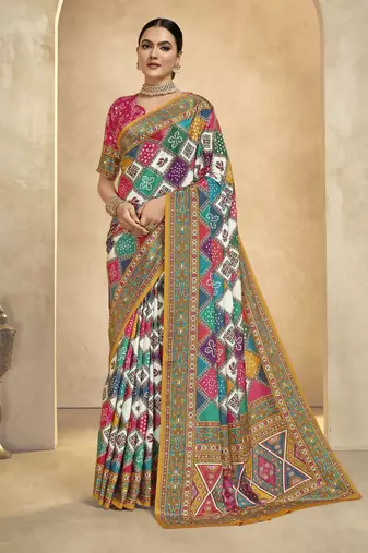 graceful ethnic multy color bollywood style crepe silk blend designer digital foil printed saree