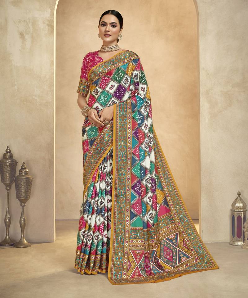 graceful ethnic multy color bollywood style crepe silk blend designer digital foil printed saree