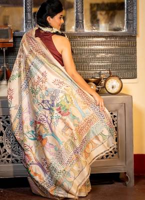 beige hand woven tussar kantha work all seasons sarees 4