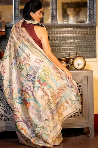beige hand woven tussar kantha work all seasons sarees